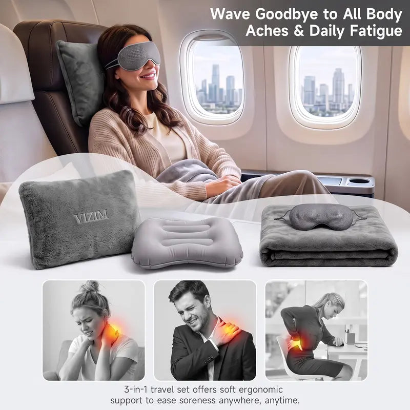 VIZIM 3-In-1 Portable Skin-Friendly Breathable Polyester Fiber Blanket & Pillow Set, 59.06X47.24In Airplane Set with Inflatable Sleeping Pillow, Eye Mask & Storage Bag for Flights, Road Trips, Portable Blanket