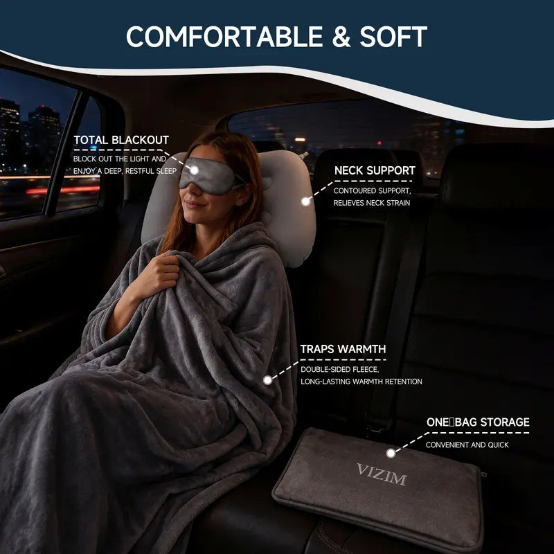 VIZIM 3-In-1 Portable Skin-Friendly Breathable Polyester Fiber Blanket & Pillow Set, 59.06X47.24In Airplane Set with Inflatable Sleeping Pillow, Eye Mask & Storage Bag for Flights, Road Trips, Portable Blanket