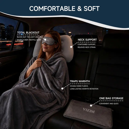 VIZIM 3-In-1 Portable Skin-Friendly Breathable Polyester Fiber Blanket & Pillow Set, 59.06X47.24In Airplane Set with Inflatable Sleeping Pillow, Eye Mask & Storage Bag for Flights, Road Trips, Portable Blanket