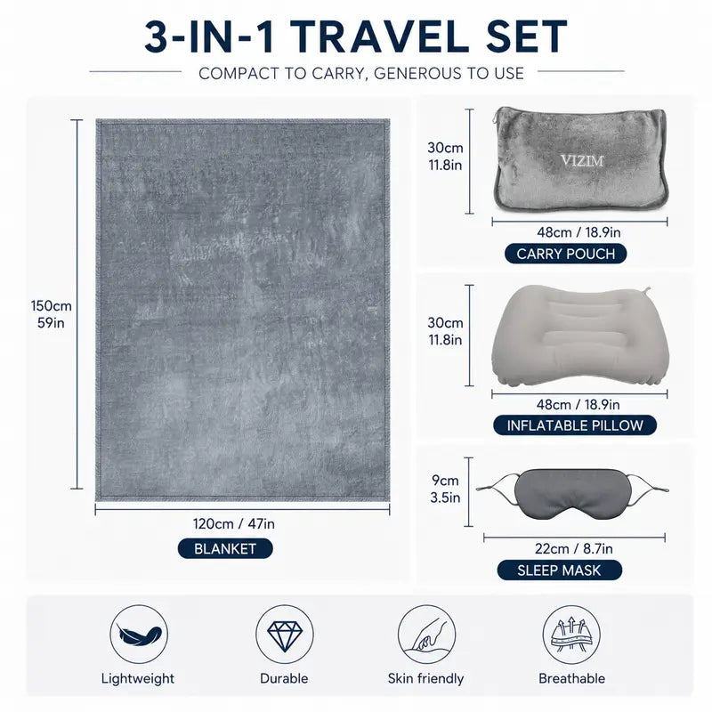 VIZIM 3-In-1 Portable Skin-Friendly Breathable Polyester Fiber Blanket & Pillow Set, 59.06X47.24In Airplane Set with Inflatable Sleeping Pillow, Eye Mask & Storage Bag for Flights, Road Trips, Portable Blanket