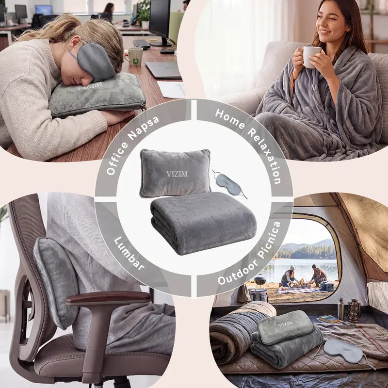 VIZIM 3-In-1 Portable Skin-Friendly Breathable Polyester Fiber Blanket & Pillow Set, 59.06X47.24In Airplane Set with Inflatable Sleeping Pillow, Eye Mask & Storage Bag for Flights, Road Trips, Portable Blanket