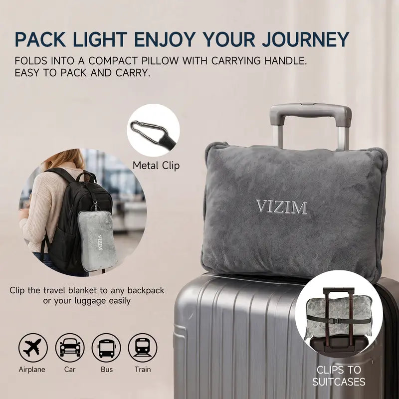 VIZIM 3-In-1 Portable Skin-Friendly Breathable Polyester Fiber Blanket & Pillow Set, 59.06X47.24In Airplane Set with Inflatable Sleeping Pillow, Eye Mask & Storage Bag for Flights, Road Trips, Portable Blanket