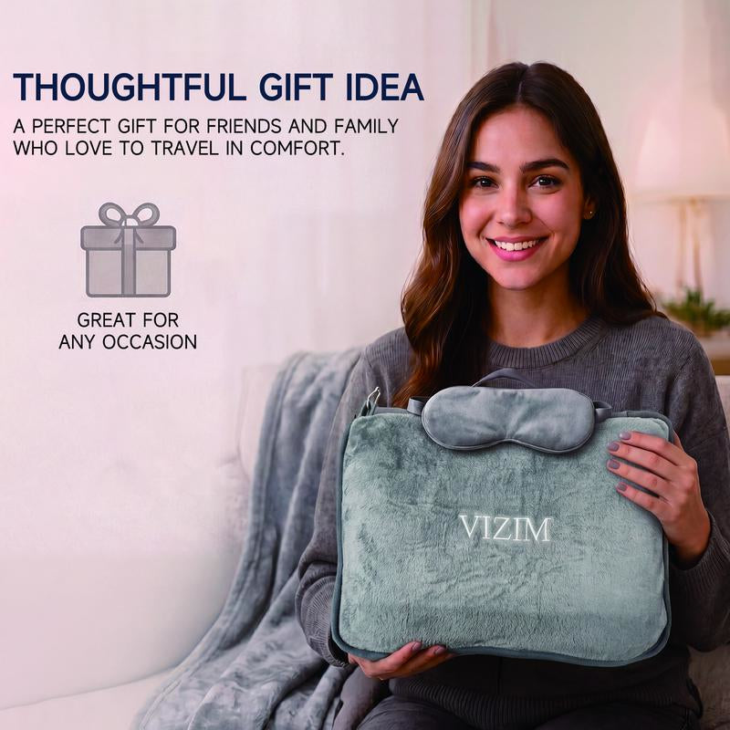 VIZIM 3-In-1 Portable Skin-Friendly Breathable Polyester Fiber Blanket & Pillow Set, 59.06X47.24In Airplane Set with Inflatable Sleeping Pillow, Eye Mask & Storage Bag for Flights, Road Trips, Portable Blanket