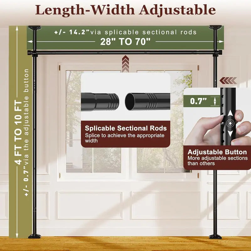 Adjustable Bedroom Partition Rod(Curtains NOT Included) - Heavy-Duty Room Divider Curtain Rod for 4-10 Ft High and 28-70 in Wide Spaces - No Drill Freestanding Separator Freestanding Tension Curtain Stand